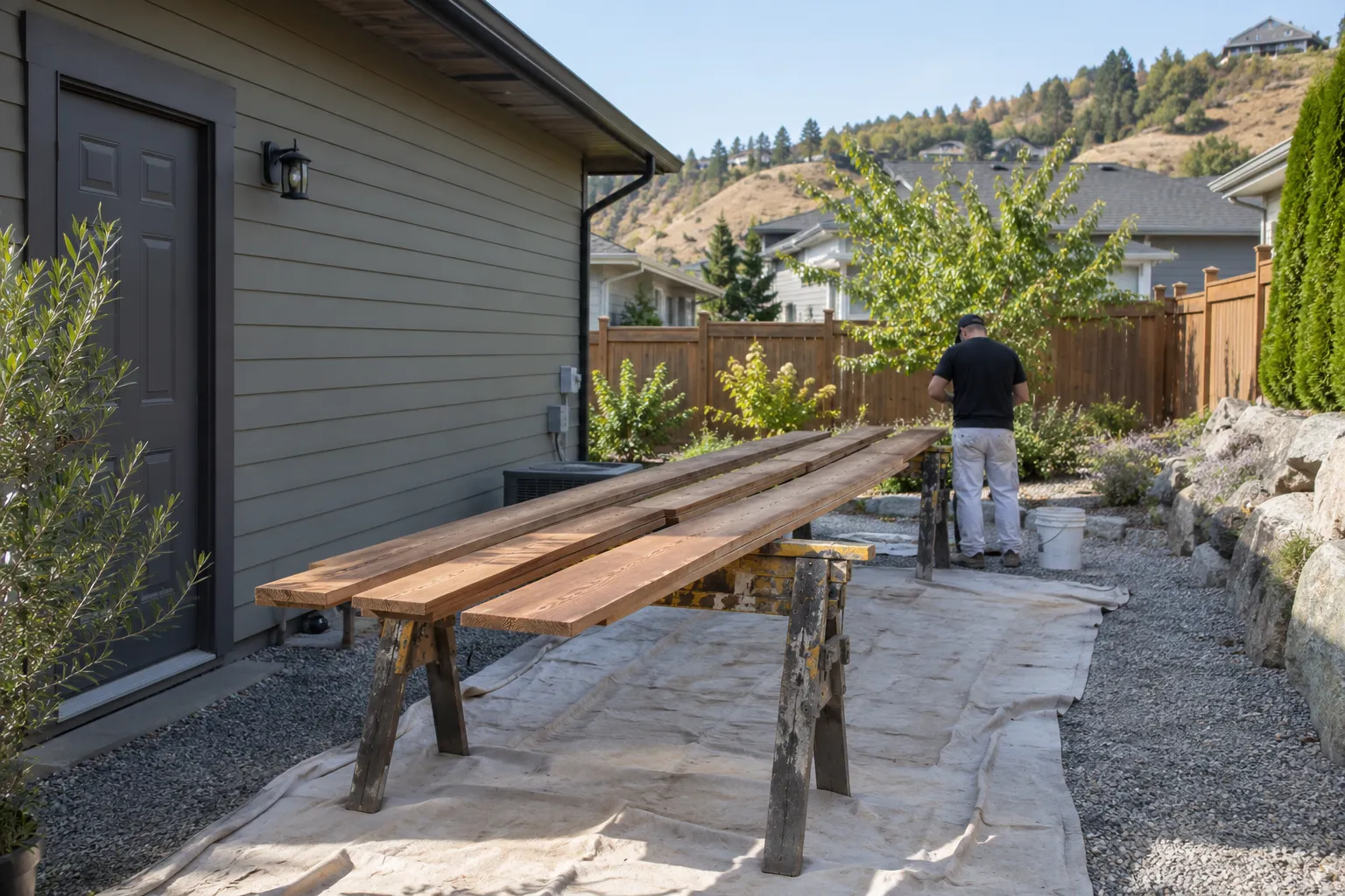 Illustrative loose cedar boards on sawhorses for pre-staining.