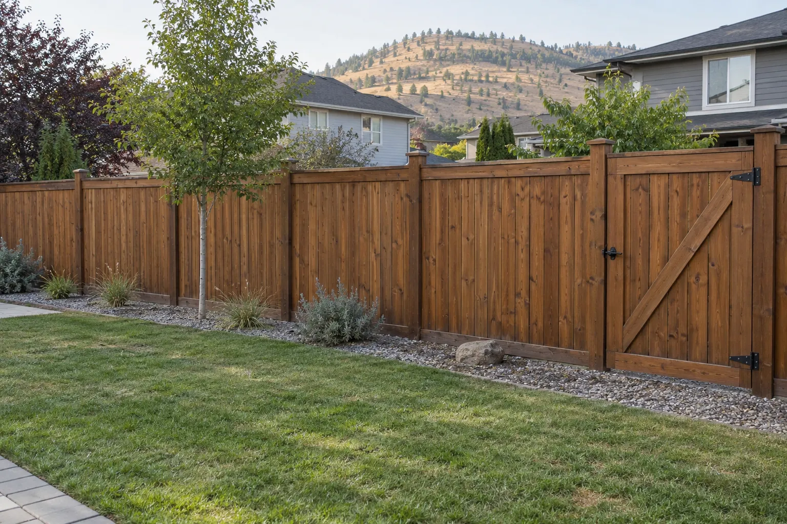 Illustrative warm cedar privacy fence and matching garden gate.