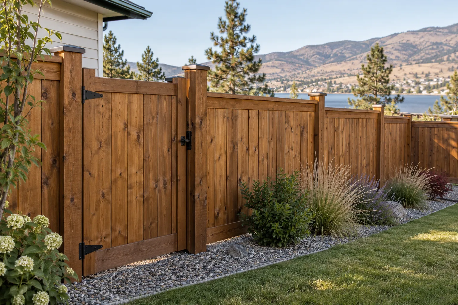 Illustrative cedar fence boards and gate in a warm semi-transparent stain.
