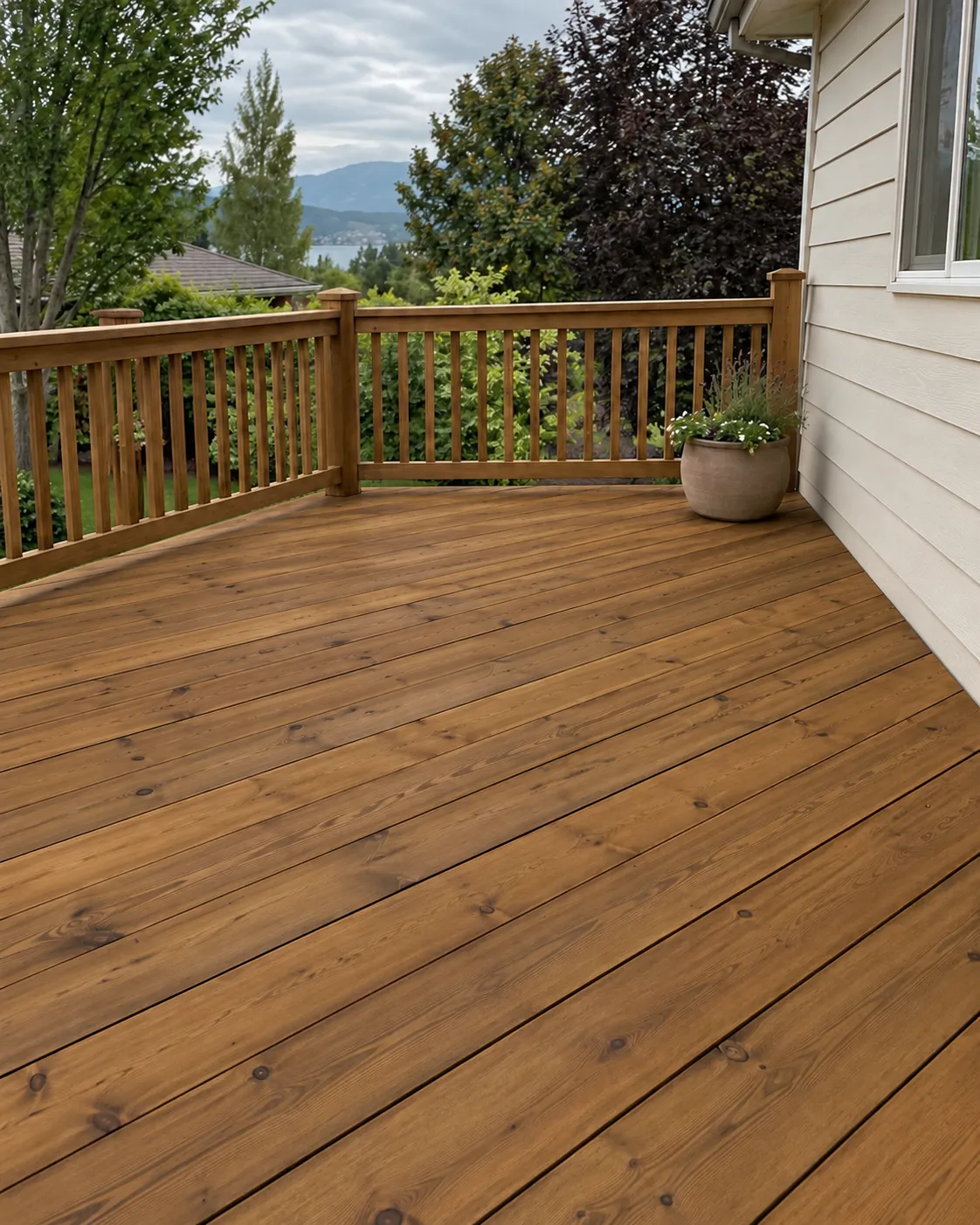 Illustrative golden-brown pecan finish on the same deck.
