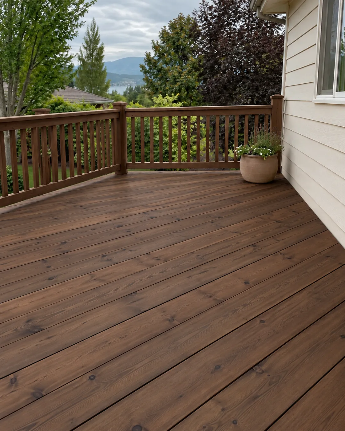 Illustrative deep walnut finish on the same deck.