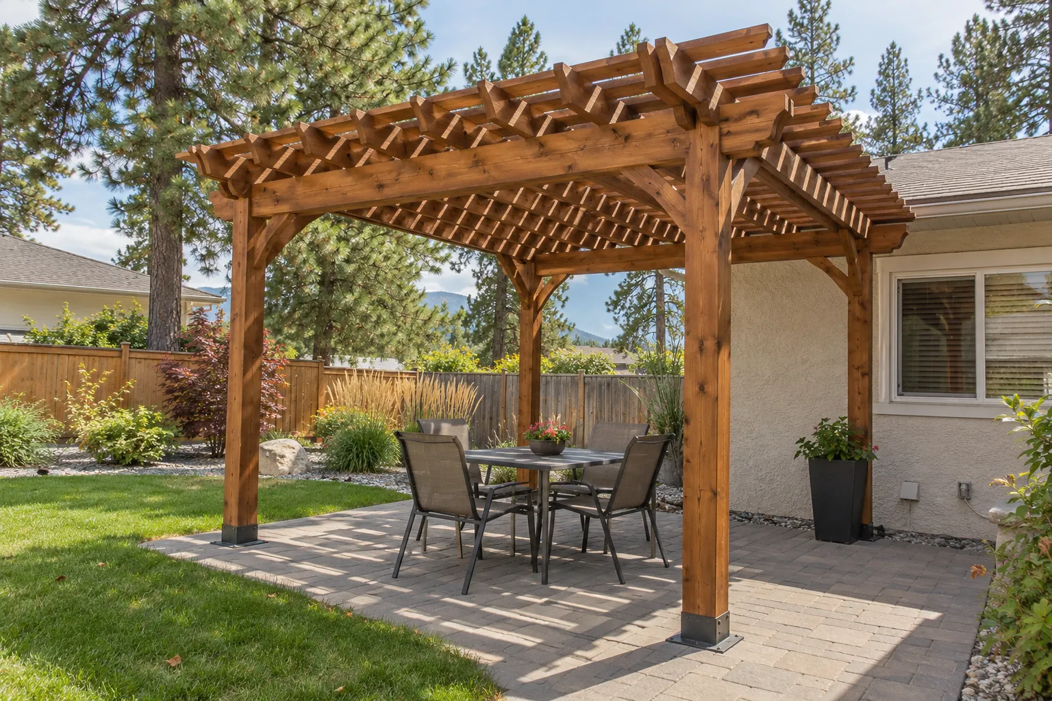 Illustrative stained cedar pergola over a backyard patio.