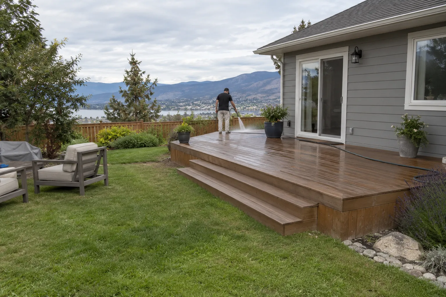 Illustrative distant worker rinsing a deck before finishing.