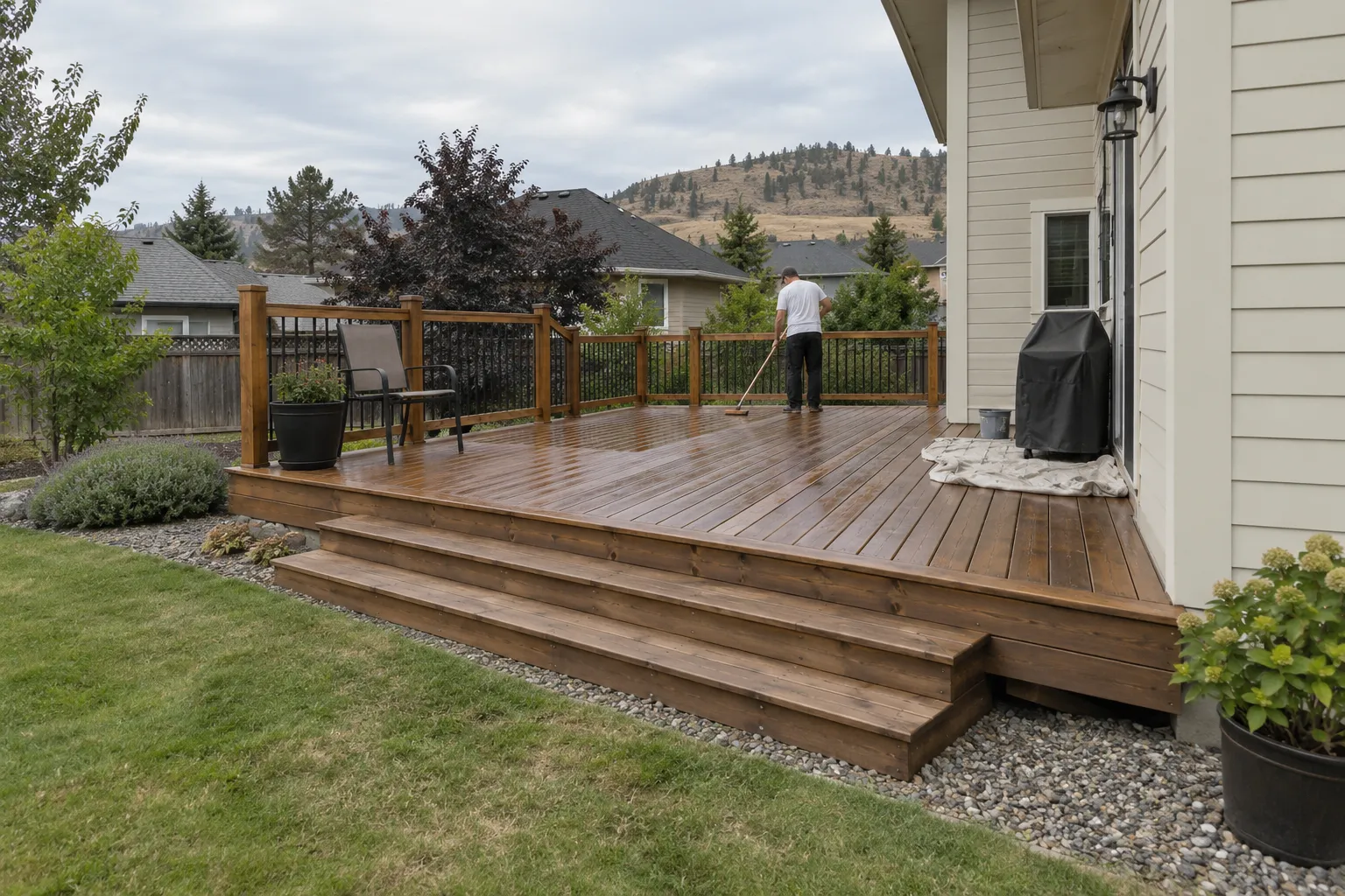 Illustrative distant worker applying stain across a cedar deck.