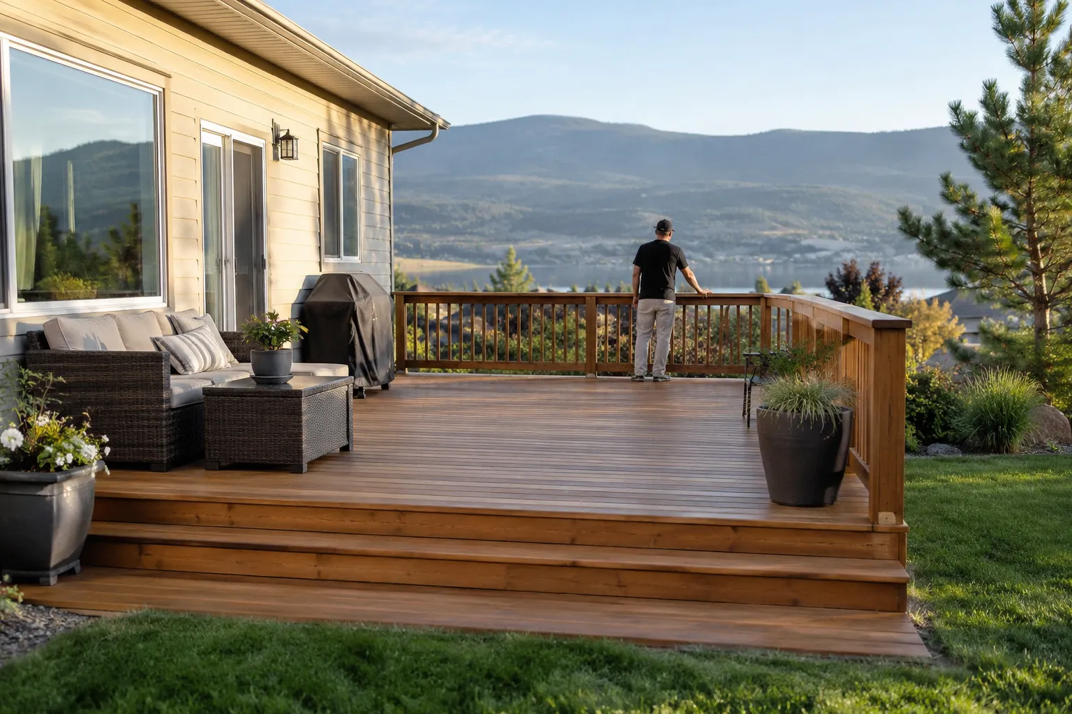 Illustrative distant worker checking a finished deck and railing.
